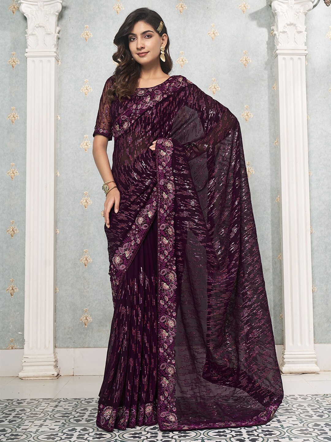 

Satrani Purple Sequinned Embroidered Saree