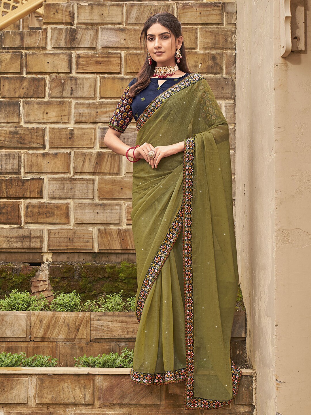 

Satrani Olive Green & Blue Beads and Stones Embroidered Saree