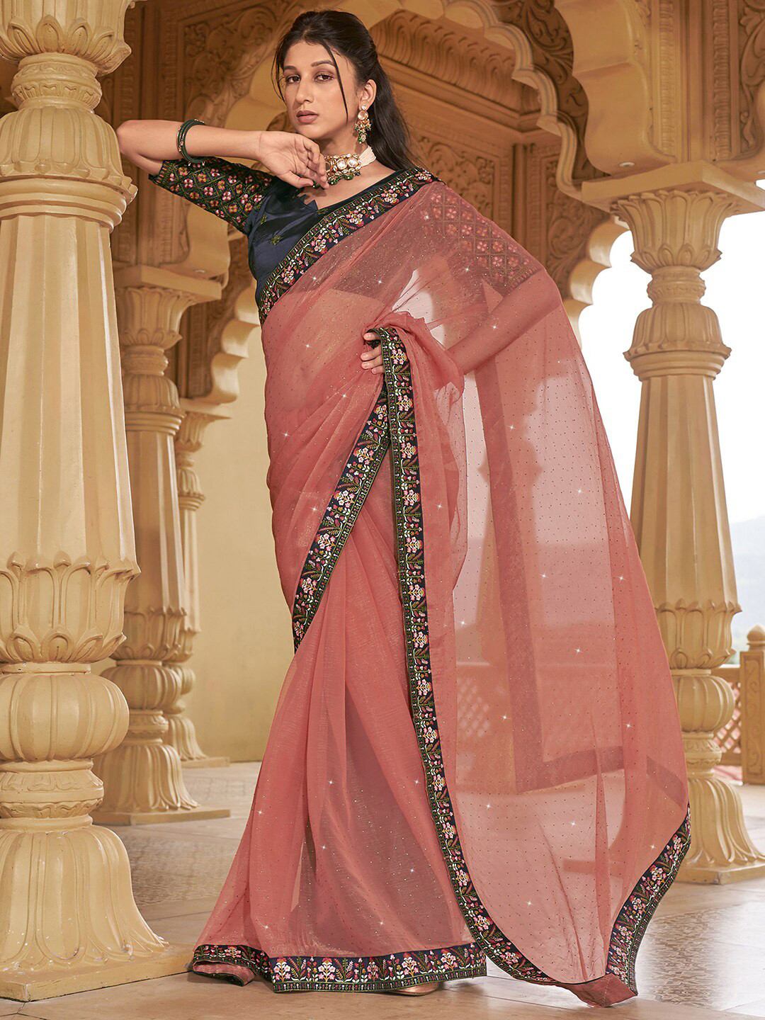 

Satrani Peach & Green Beads and Stones Embroidered Saree
