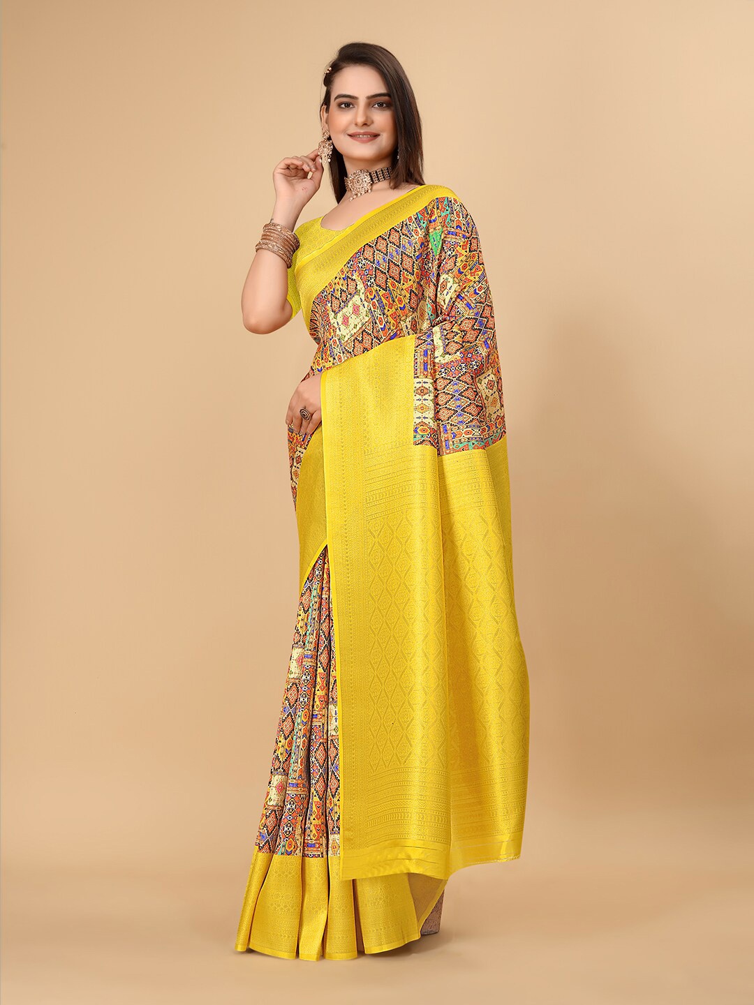 

Pionex Geometric Printed Zari Pure Silk Banarasi Saree, Yellow