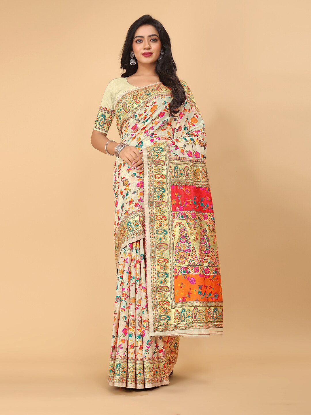 

Pionex Floral Woven Design Cotton Banarasi Saree, White