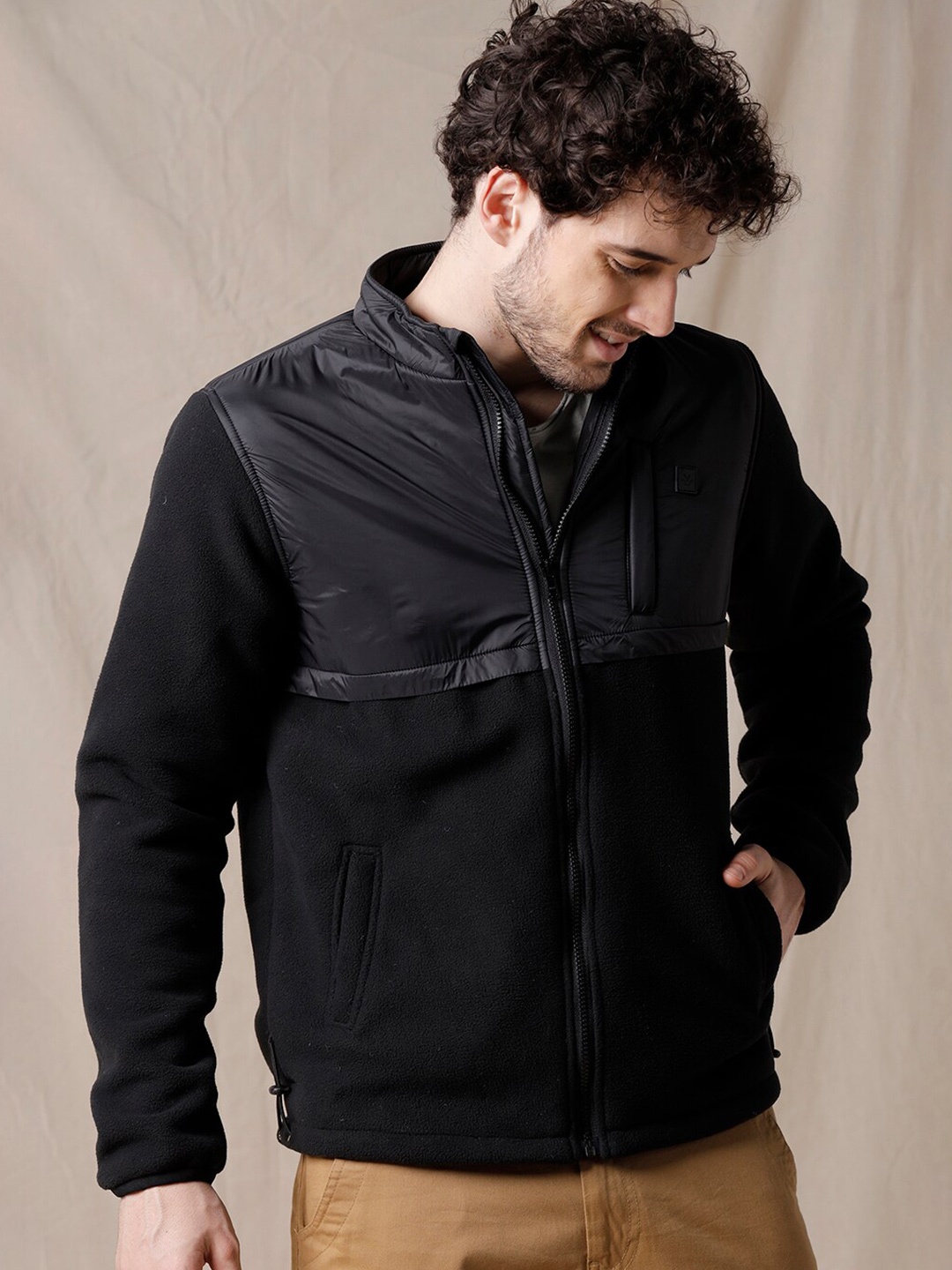 

WROGN Mock Collar Long Sleeves Front Open Sweatshirt, Black