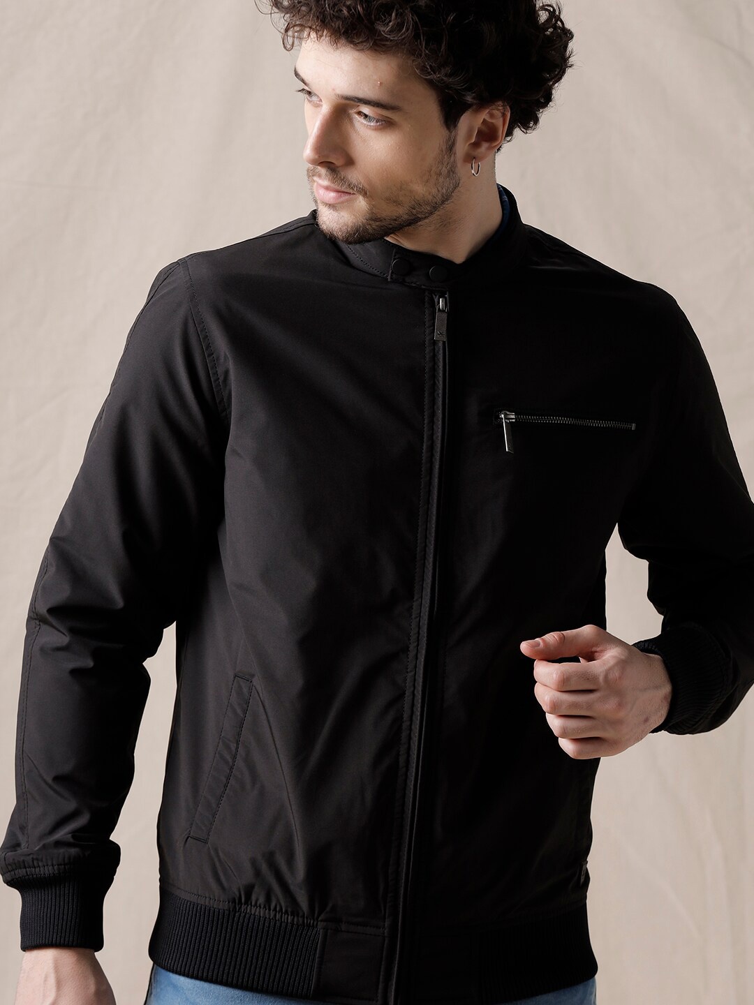

WROGN Mock Collar Long Sleeves Front Open Sweatshirt, Black