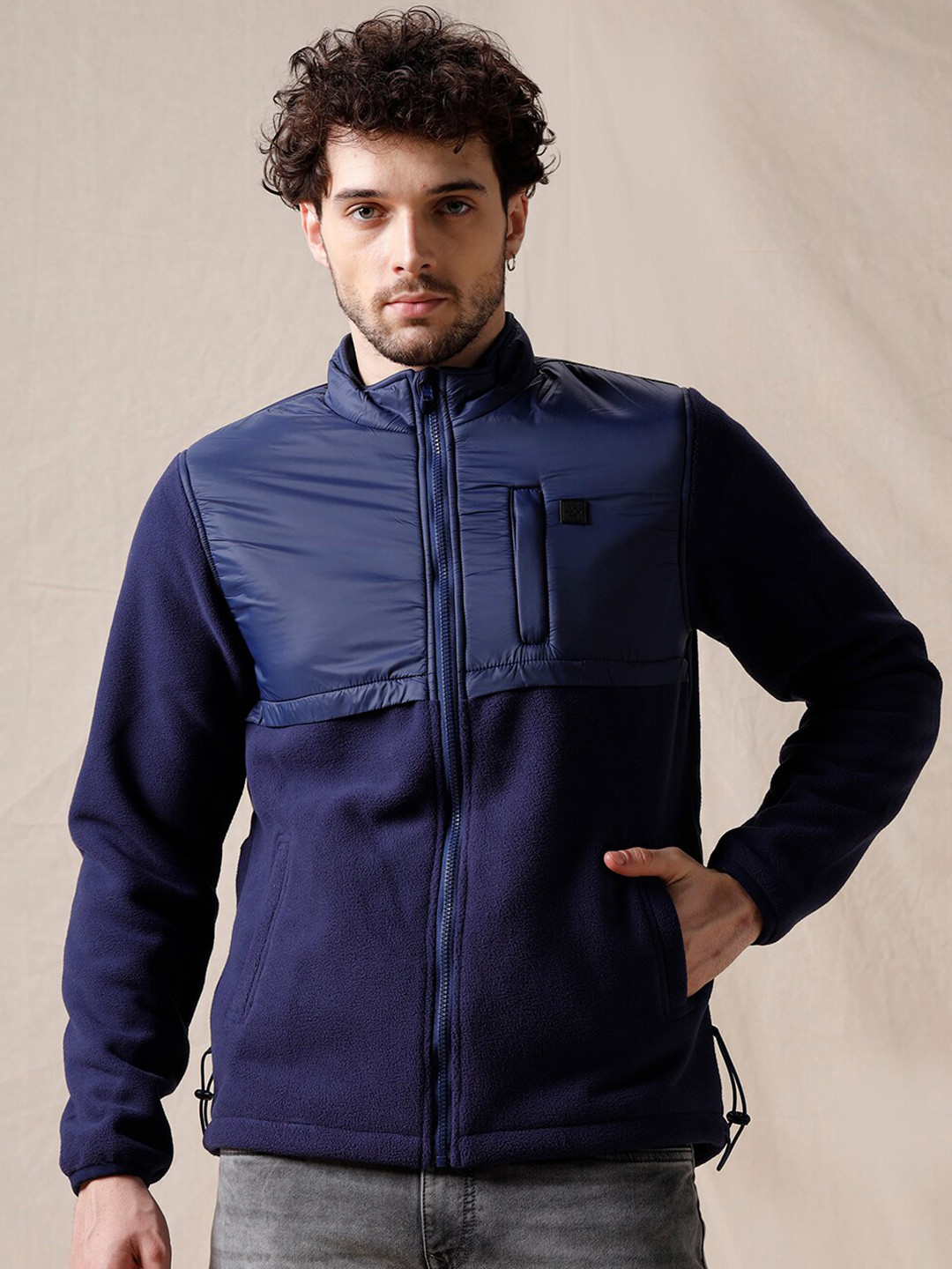 

WROGN Mock Collar Long Sleeves Front Open Sweatshirt, Navy blue