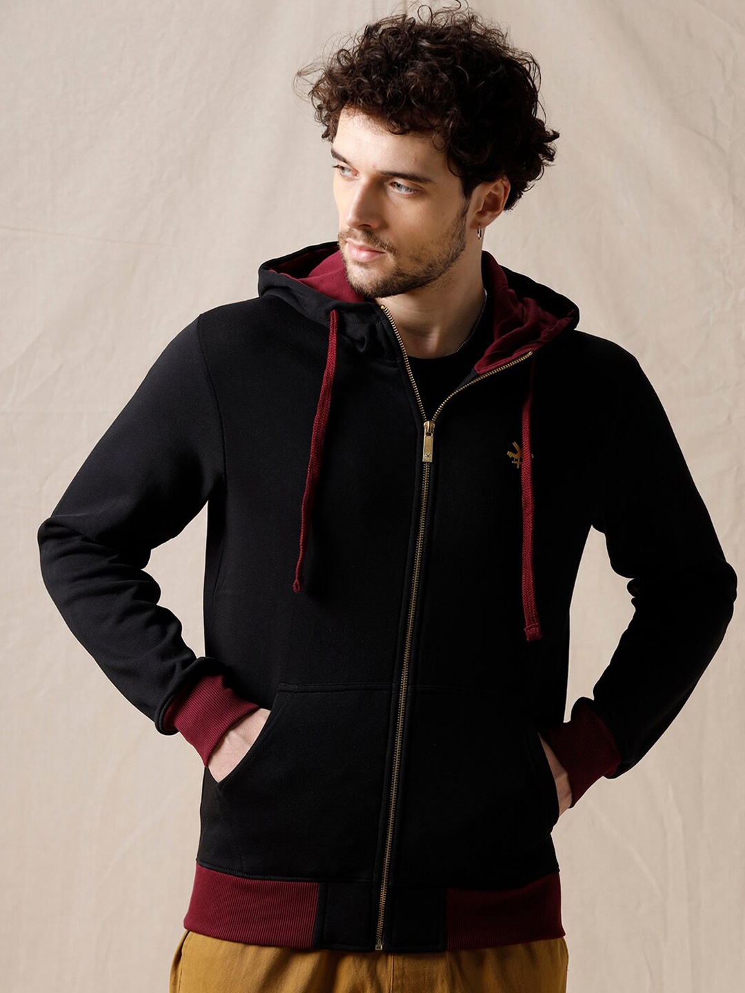 

WROGN Long Sleeves Hooded Cotton Front-Open Sweatshirt, Black