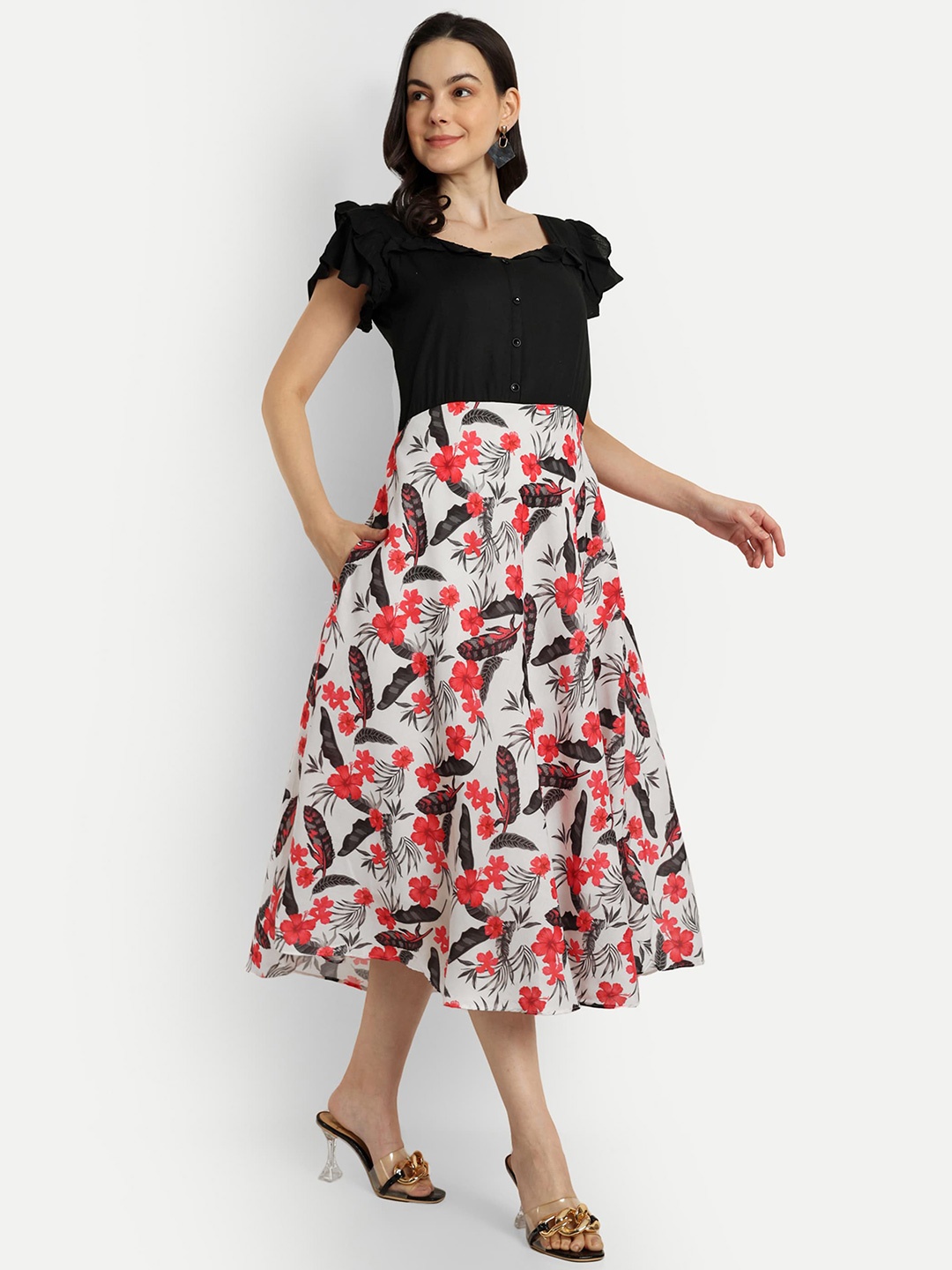 

SHINISHA Floral Printed A-Line Midi Dress, Black