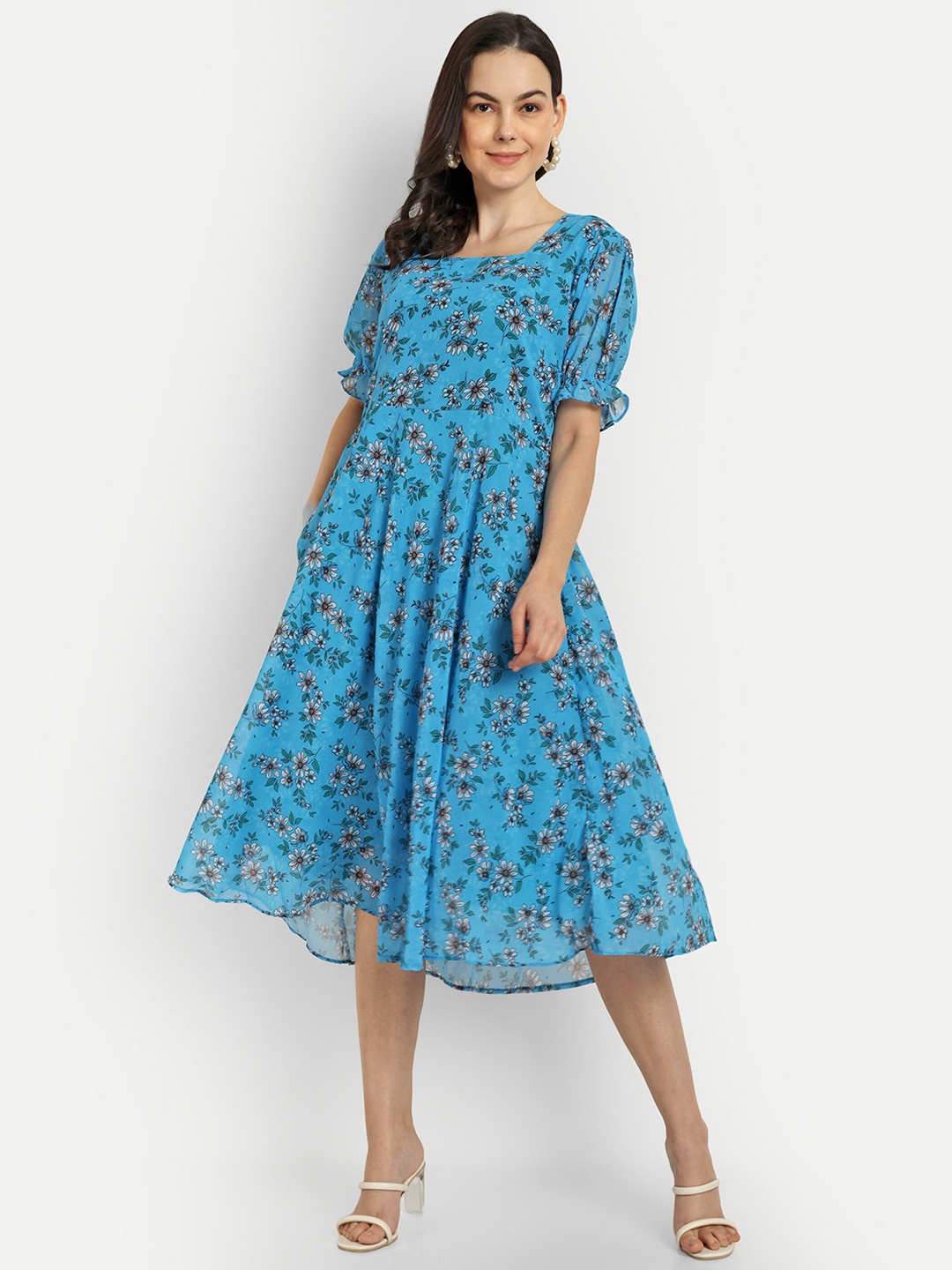 

SHINISHA Floral Printed A-Line Midi Dress, Blue