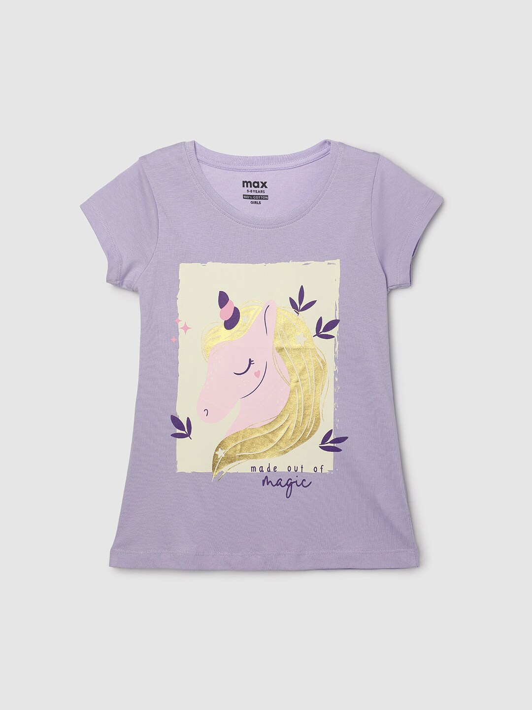 

max Girls Graphic Printed Cotton T-shirt, Purple