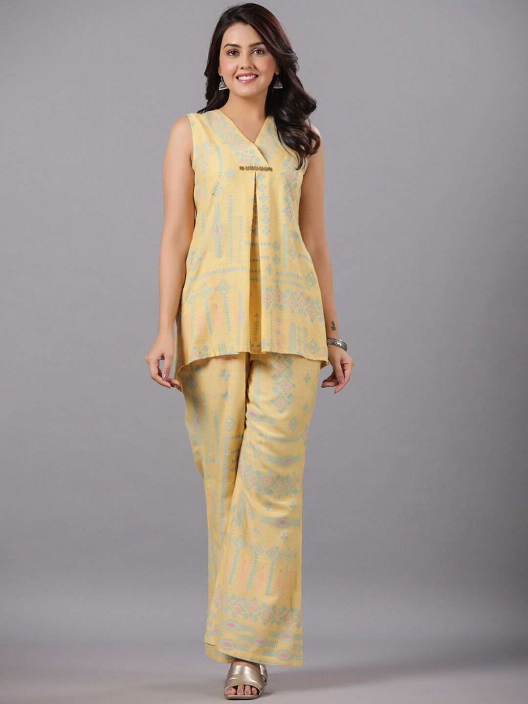 

CRAFTED FOR YOU Printed V-Neck Tunic With Trouser, Yellow