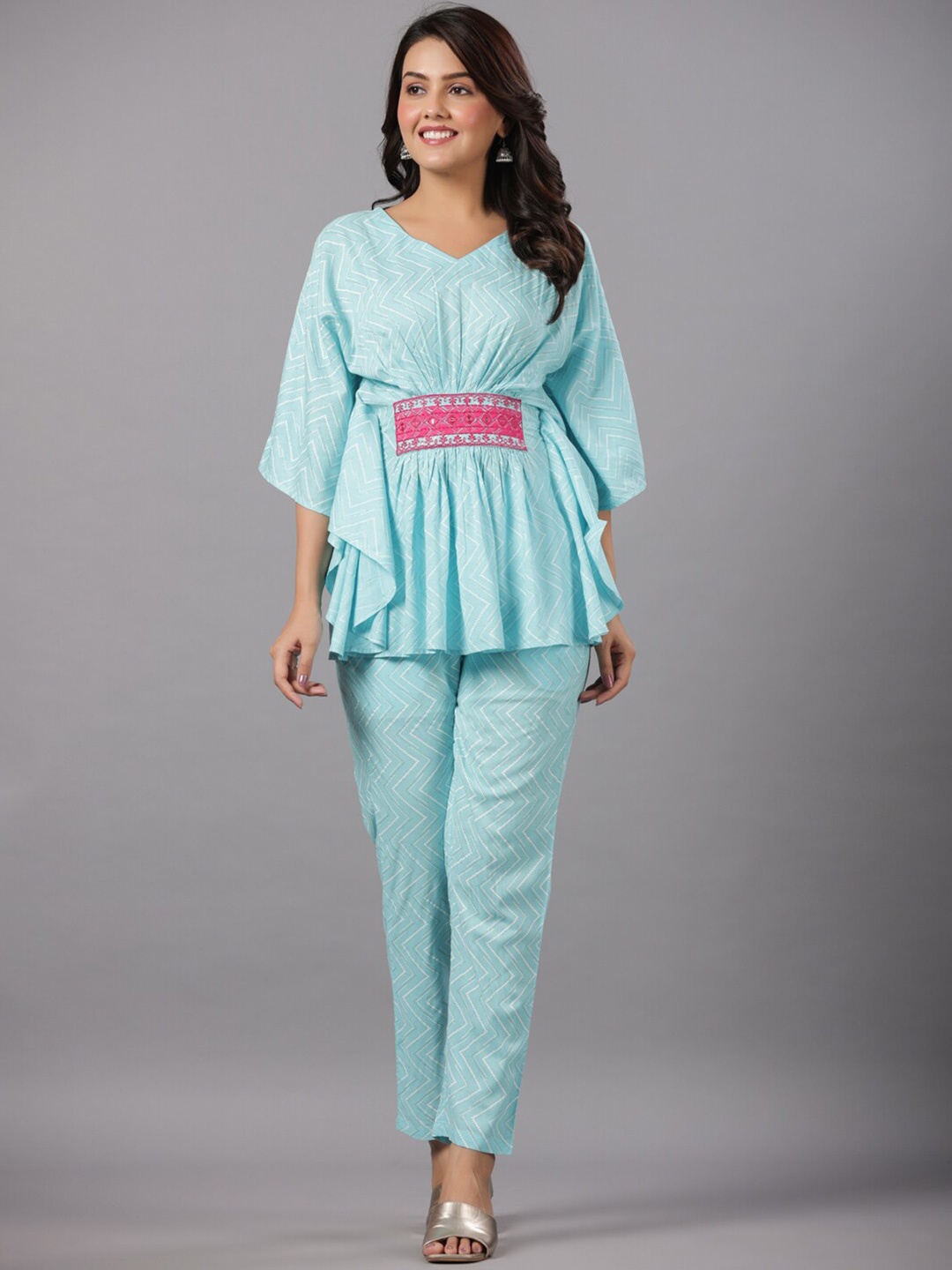 

CRAFTED FOR YOU Printed V-Neck Kaftan With Trouser Co-Ords, Blue