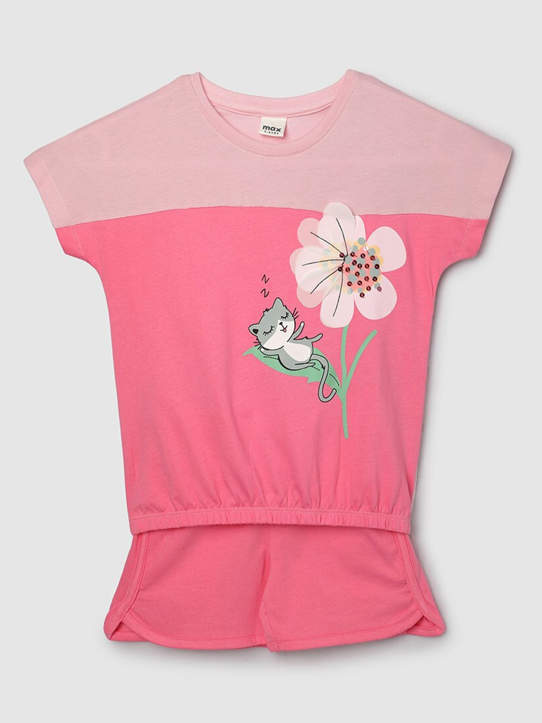 

max Girls Colourblocked Pure Cotton Night Suit, Pink