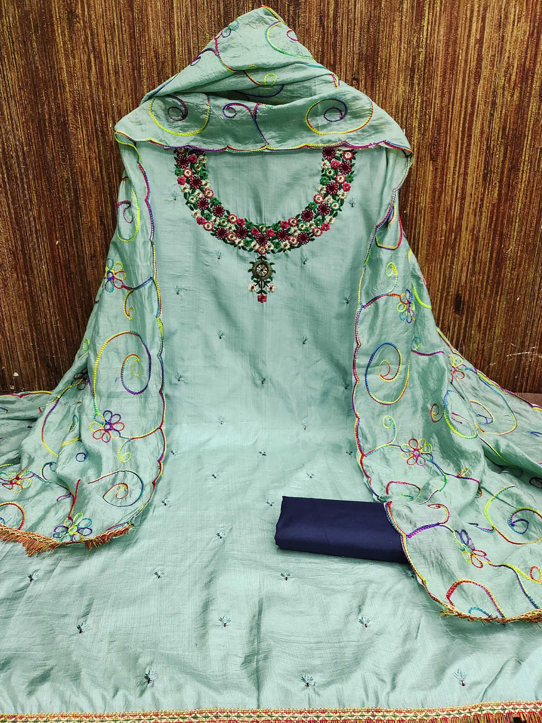 

KALINI Ethnic Motifs Embroidered Sequinned Detail Unstitched Dress Material, Blue