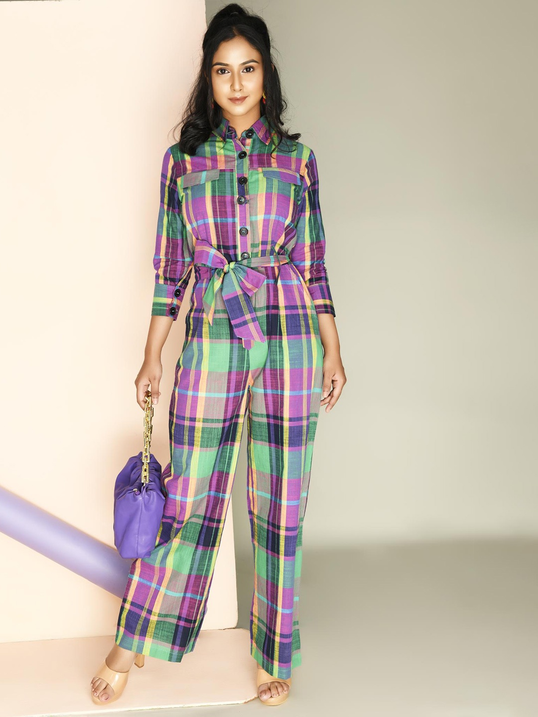 

BAESD Checked Waist Tie Ups Cotton Basic Jumpsuit, Green