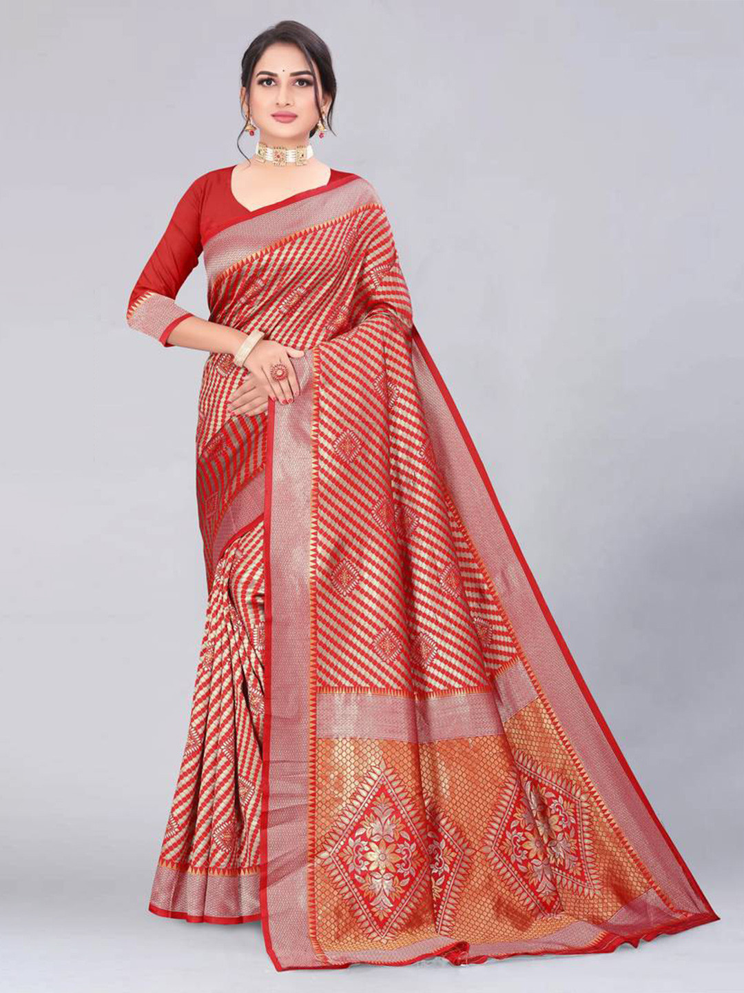 

MUKHITA Woven Design Zari Kanjeevaram Saree, Red