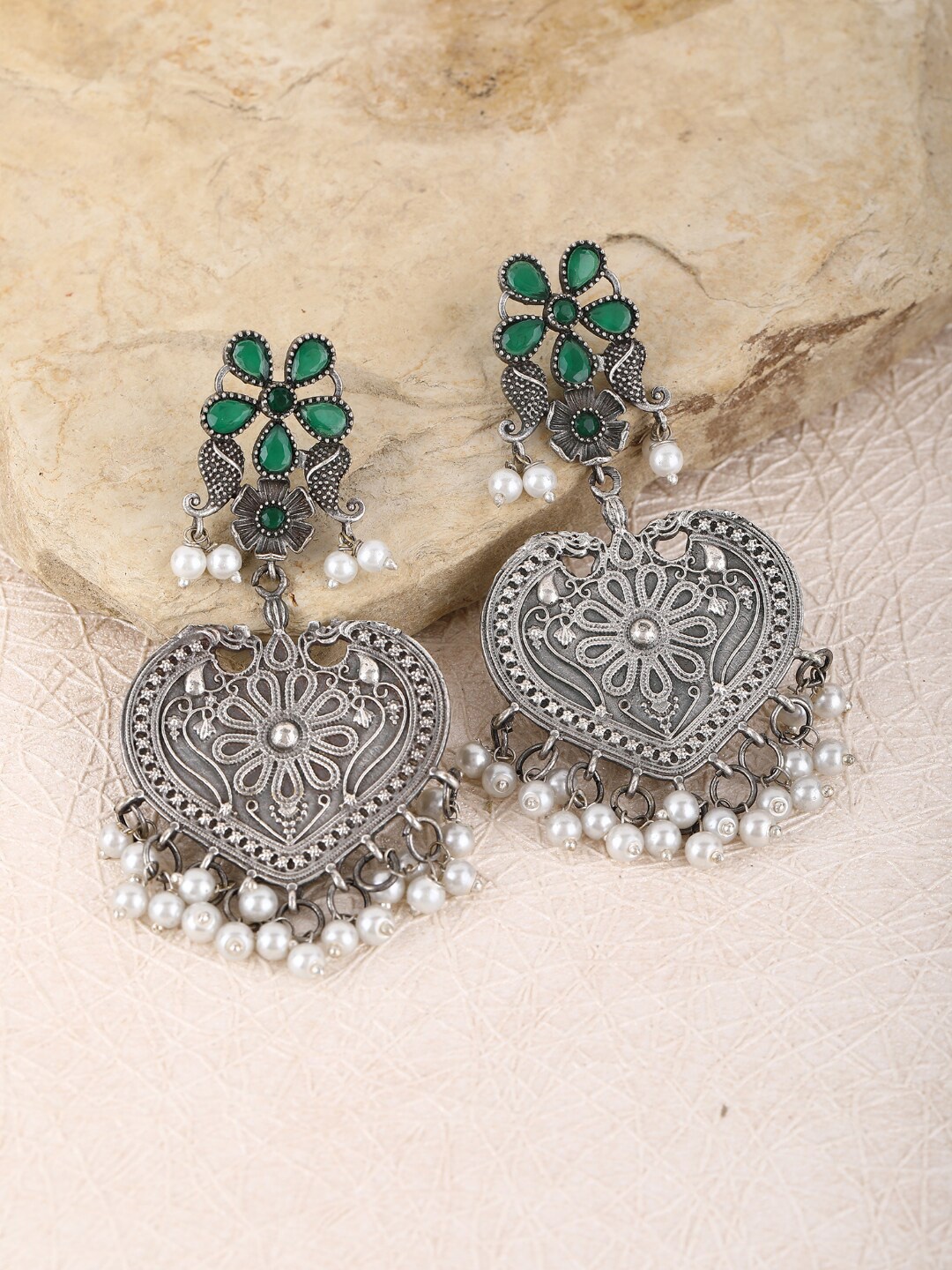 

Anouk German Silver-Plated Stone-Studded & Beaded Contemporary Oxidised Drop Earrings