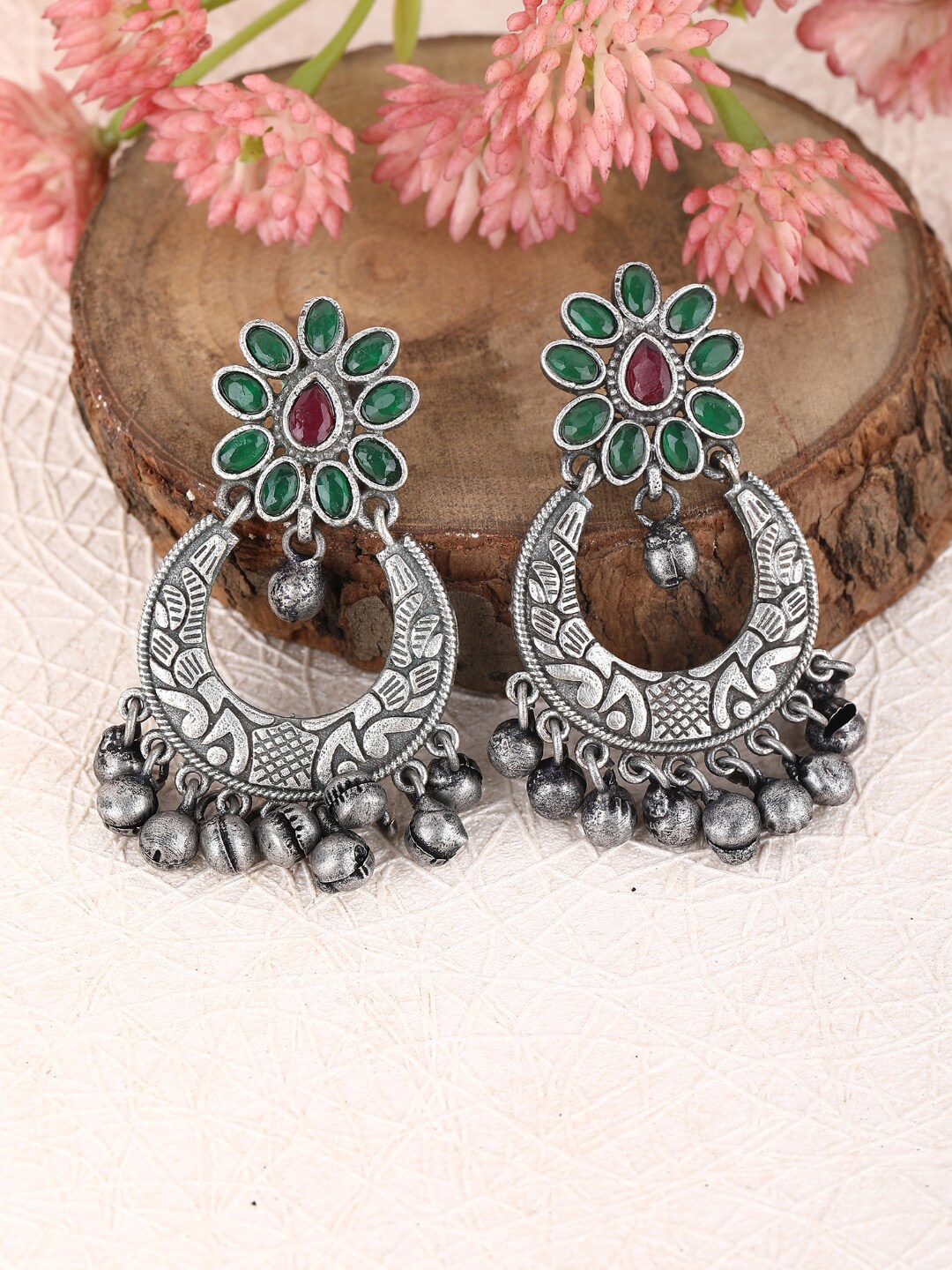 

Anouk Silver-Plated Stone-Studded Contemporary Oxidised Drop Earrings