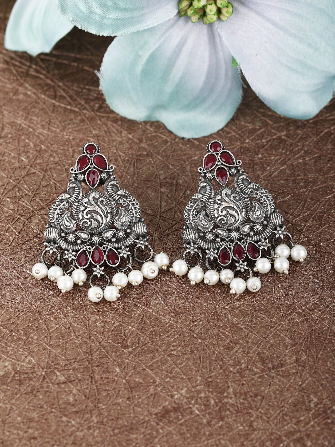 

Anouk Silver-Plated Stone-Studded Contemporary Oxidised Drop Earrings