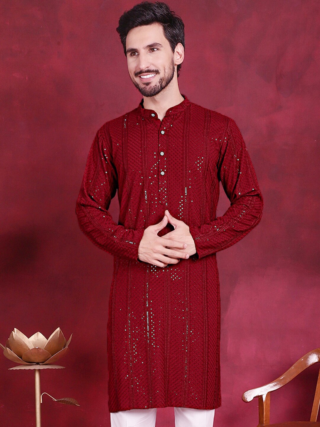 

Jompers Ethnic Motifs Embroidered Chikankari Sequined Kurta, Maroon
