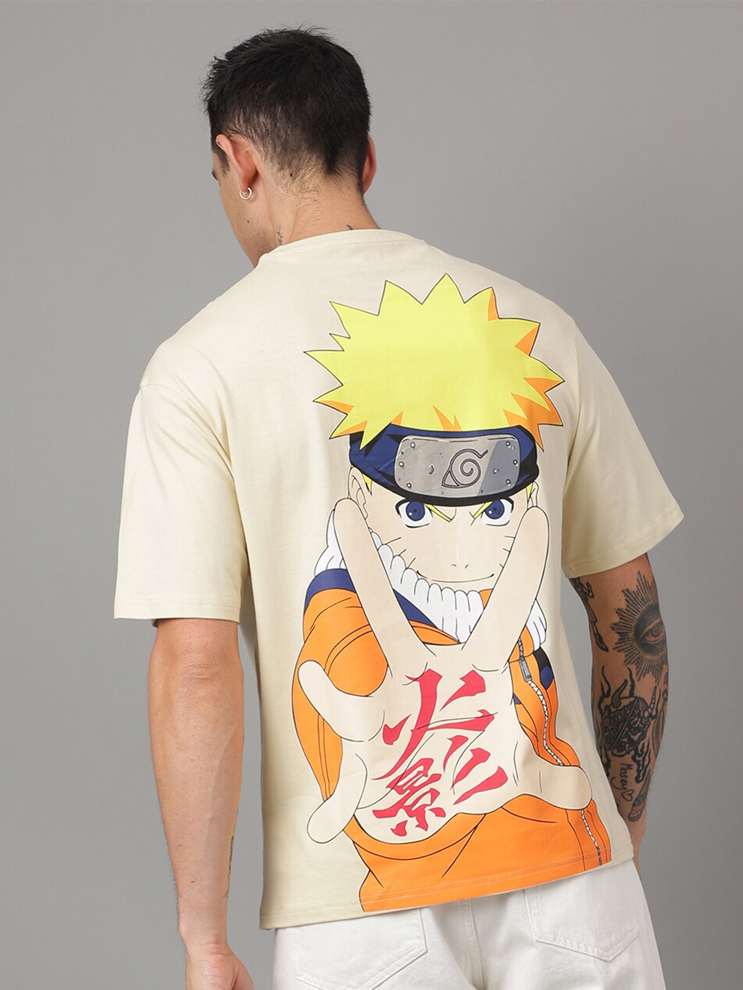 

Free Authority Naruto Printed Round Neck Pure Cotton Oversized Fit T-Shirts, Cream