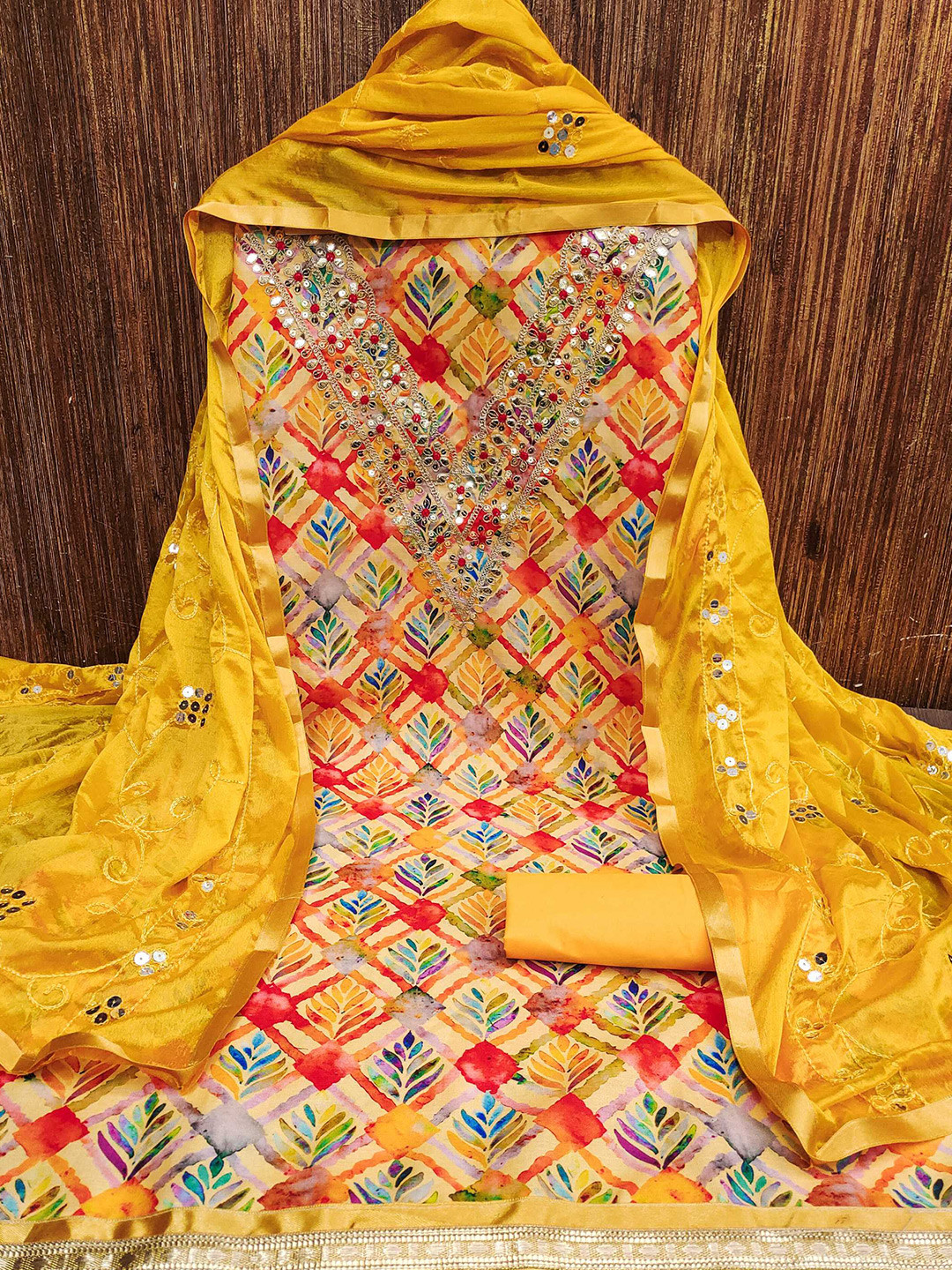 

KALINI Floral Printed Beads & Stones Unstitched Dress Material, Yellow