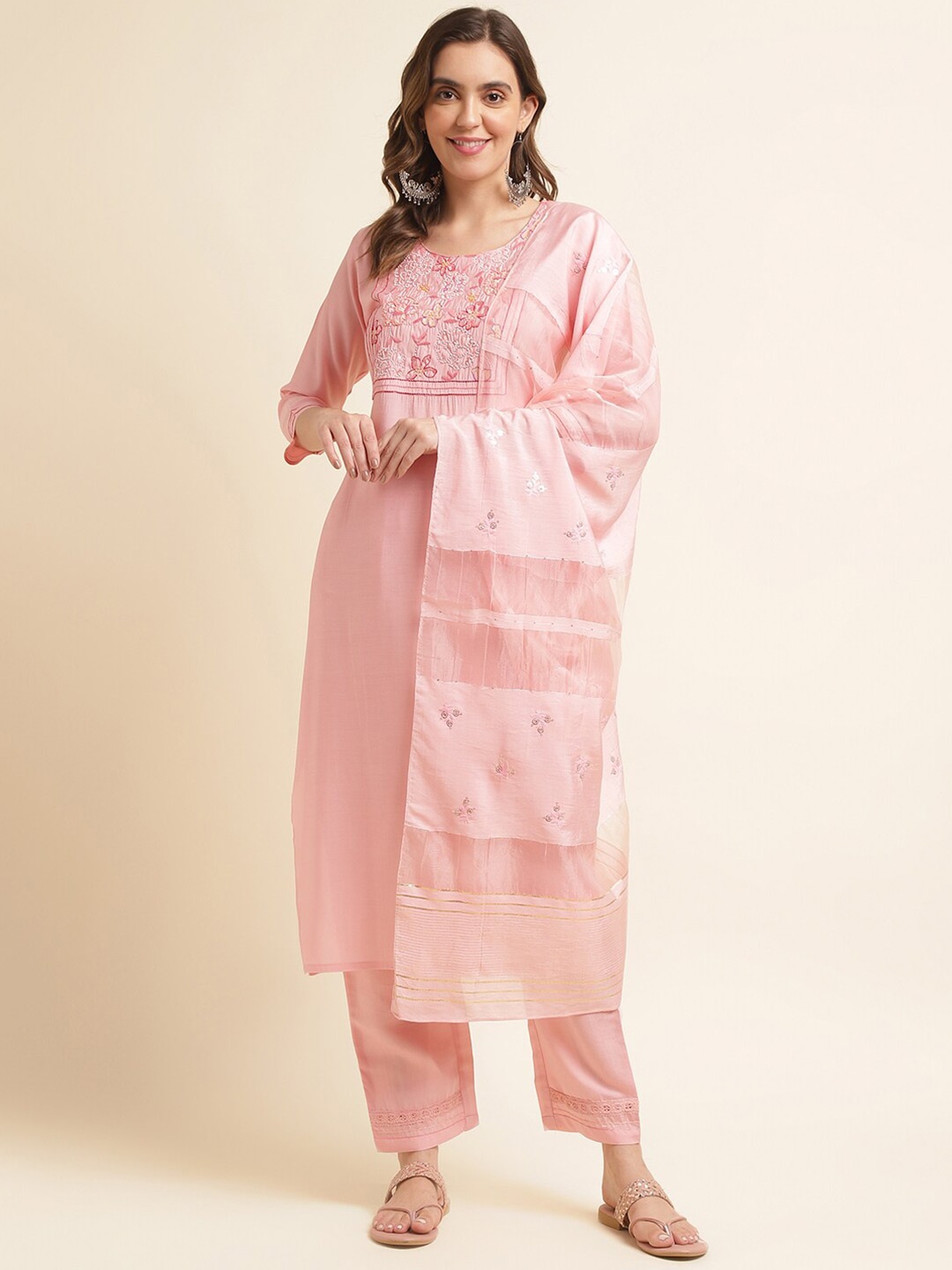 

House of Pataudi Embroidered Round Neck Straight Kurta Trousers With Dupatta, Pink