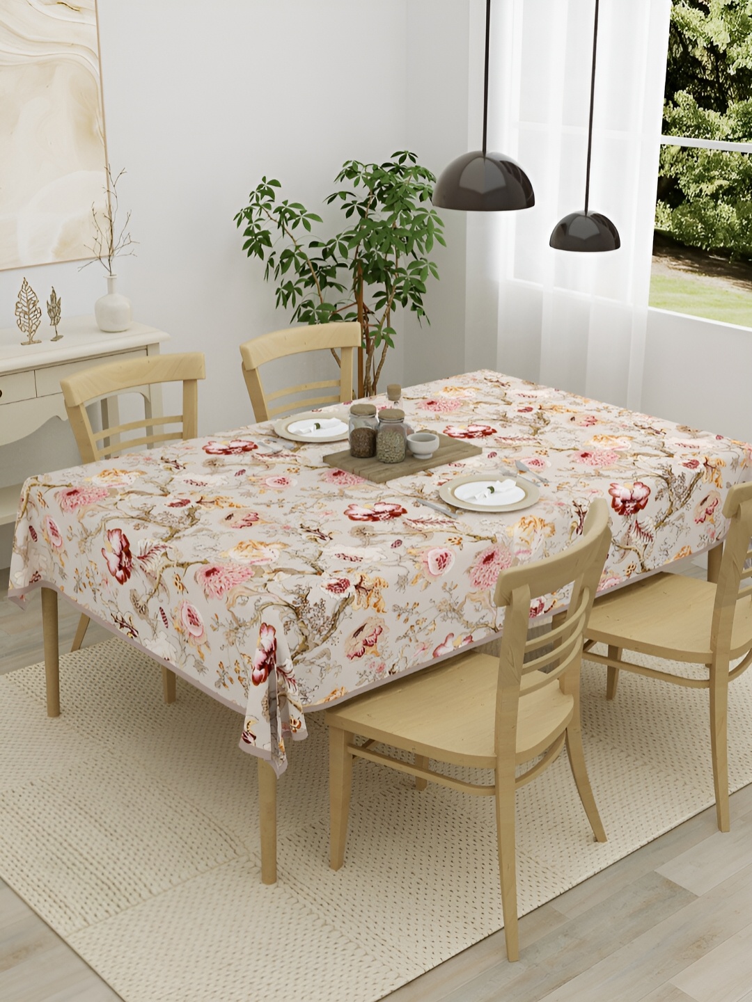 

Clasiko White & Green Floral Cotton 4-Seater Table Cover