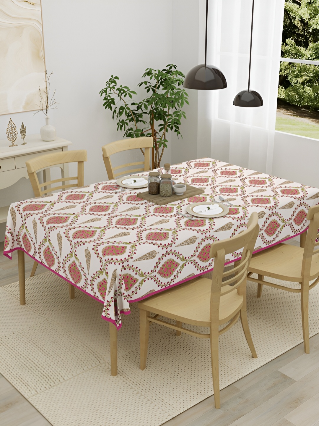 

Clasiko Pink & White Ethnic Motifs Cotton 4-Seater Table Cover