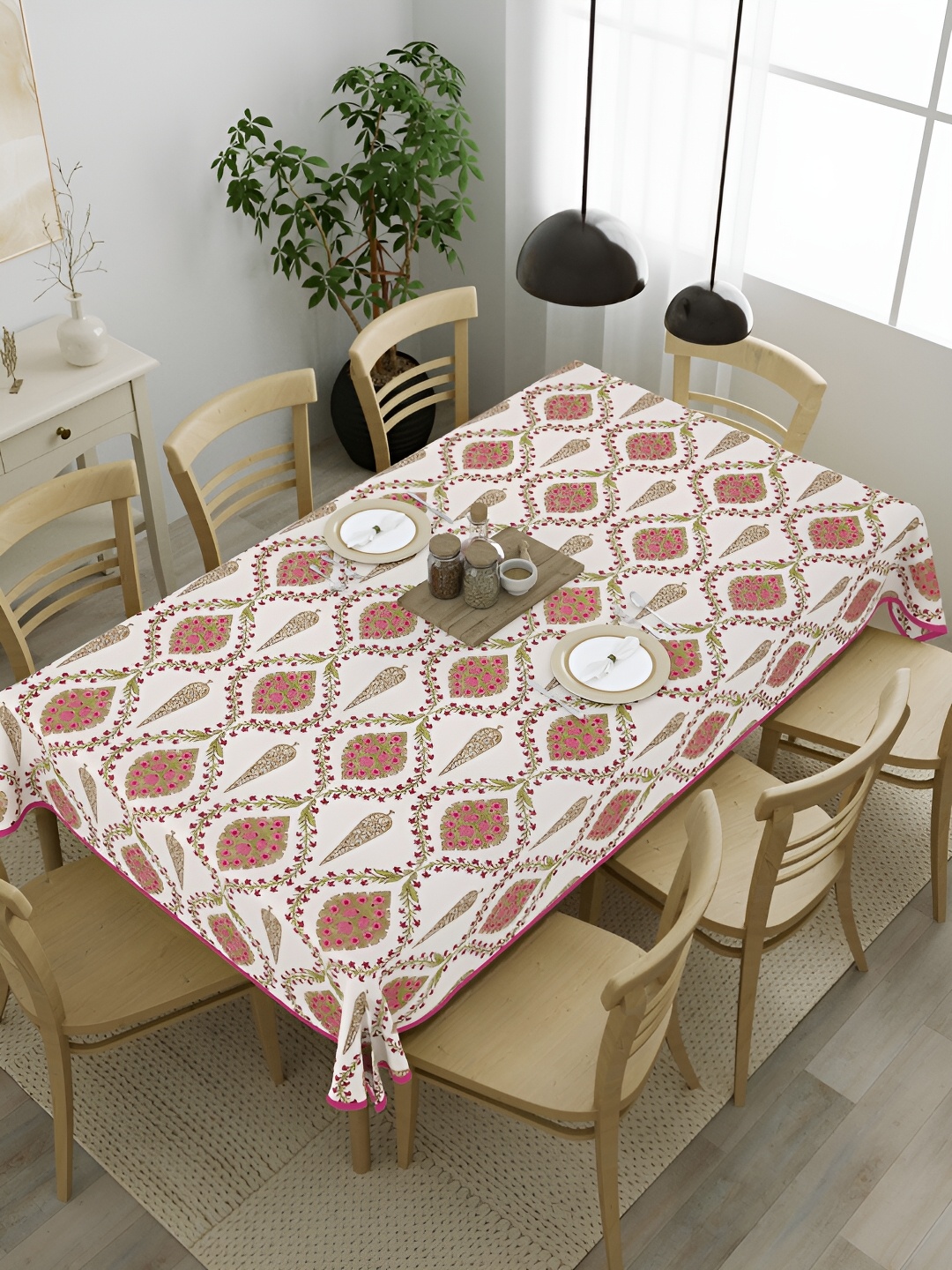 

Clasiko Pink & White Ethnic Motifs Cotton 8-Seater Table Cover