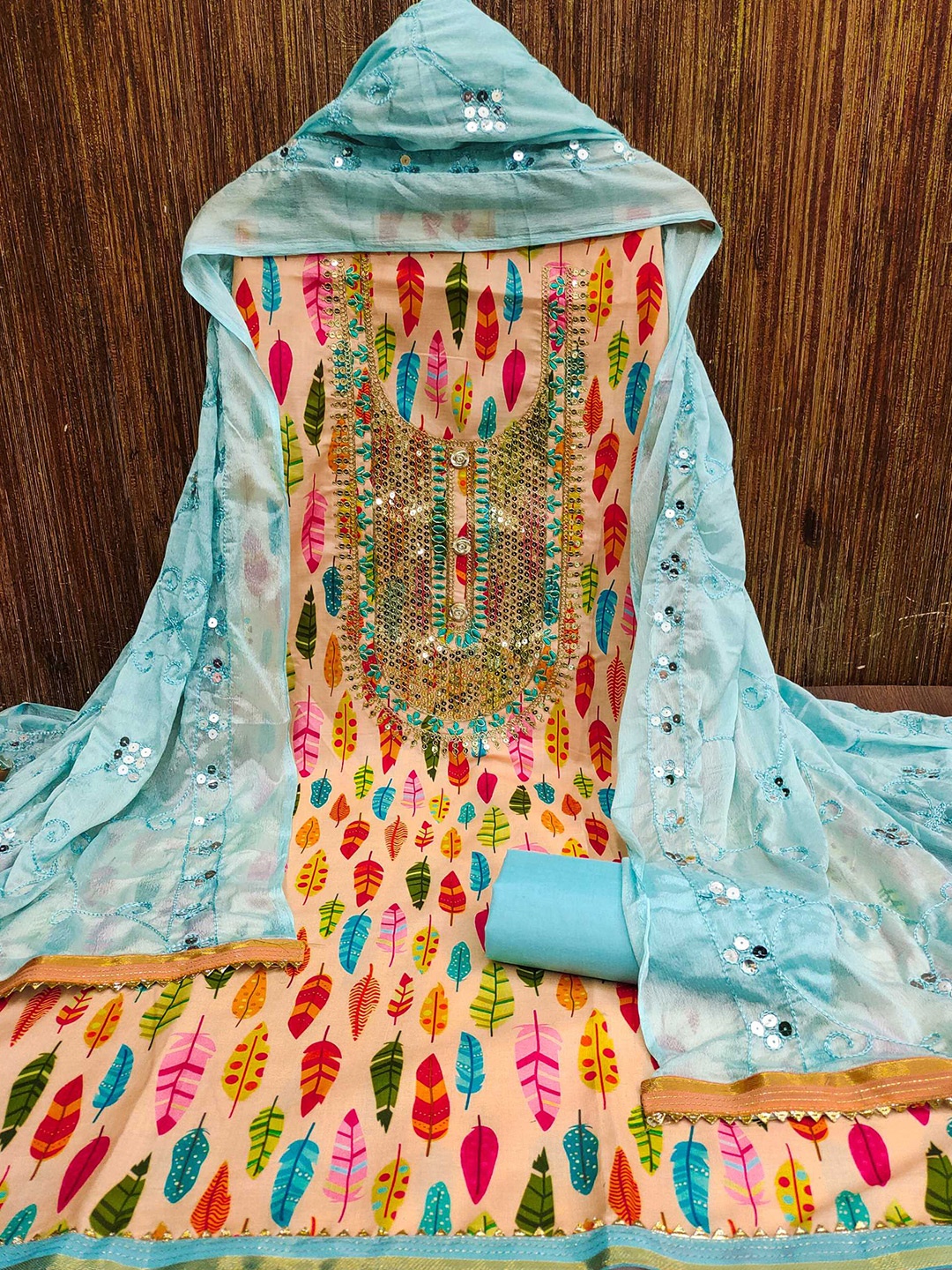 

KALINI Abstract Printed Sequinned Unstitched Dress Material, Peach