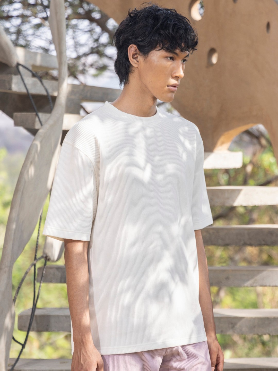 

RARE RABBIT Men Breet Oversized Round Neck Cotton T-Shirt, White