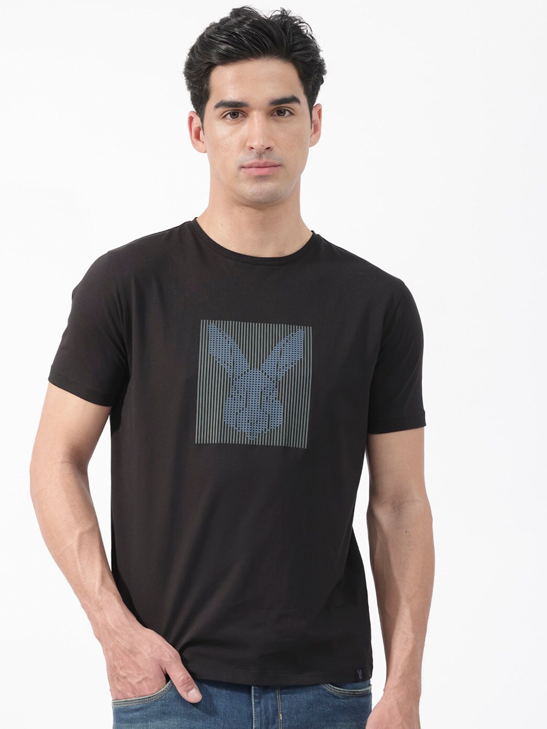 

RARE RABBIT Men Kalon Graphic Printed Slim Fit Round Neck Cotton T-Shirt, Black