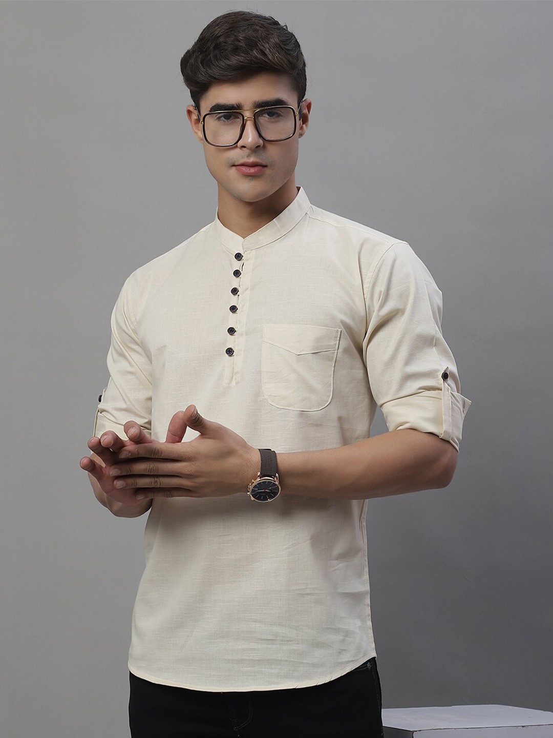 

Majestic Man Mandarin Collar Roll-Up Sleeves Pure Cotton Straight Kurta, Cream