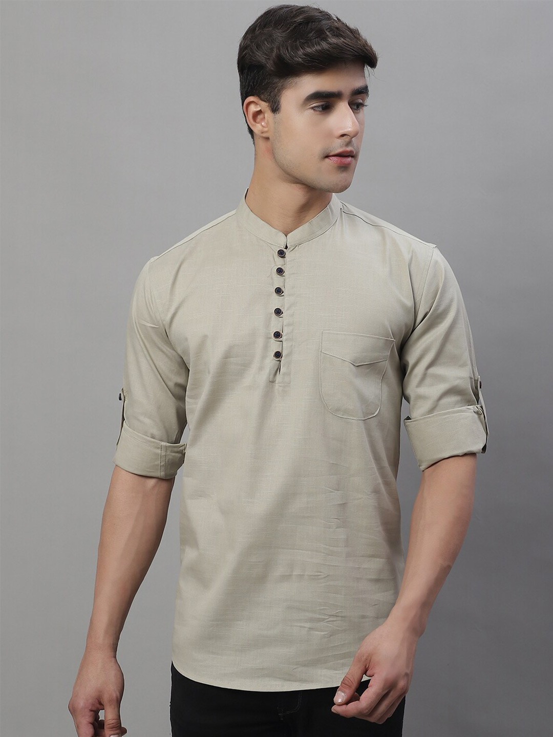 

Majestic Man Mandarin Collar Roll-Up Sleeves Pure Cotton Straight Kurta, Taupe