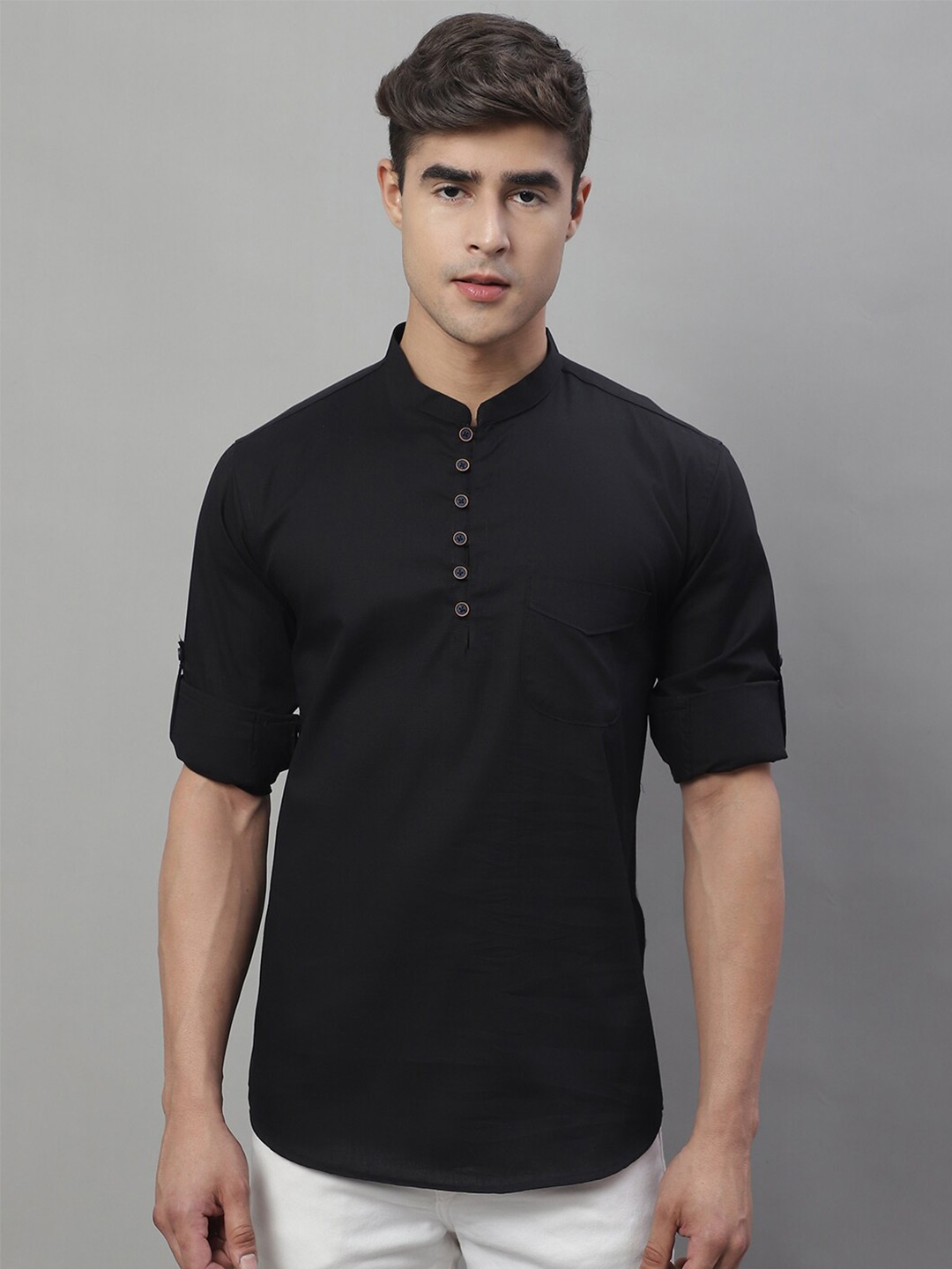 

Majestic Man Mandarin Collar Roll-Up Sleeves Pure Cotton Straight Kurta, Black