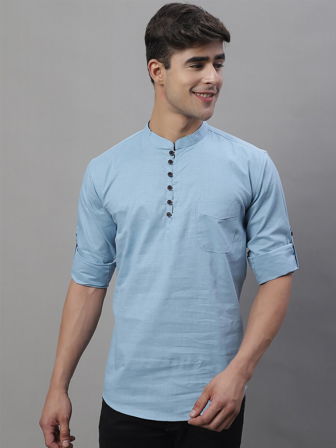 

Majestic Man Mandarin Collar Roll-Up Sleeves Pure Cotton Straight Kurta, Blue