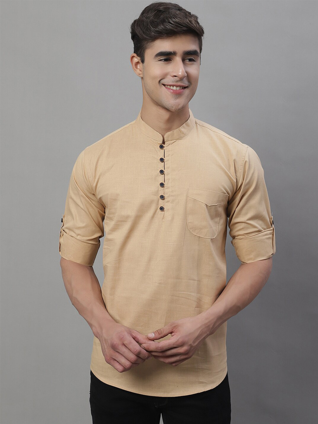 

Majestic Man Mandarin Collar Roll-Up Sleeves Pure Cotton Straight Kurta, Coffee brown