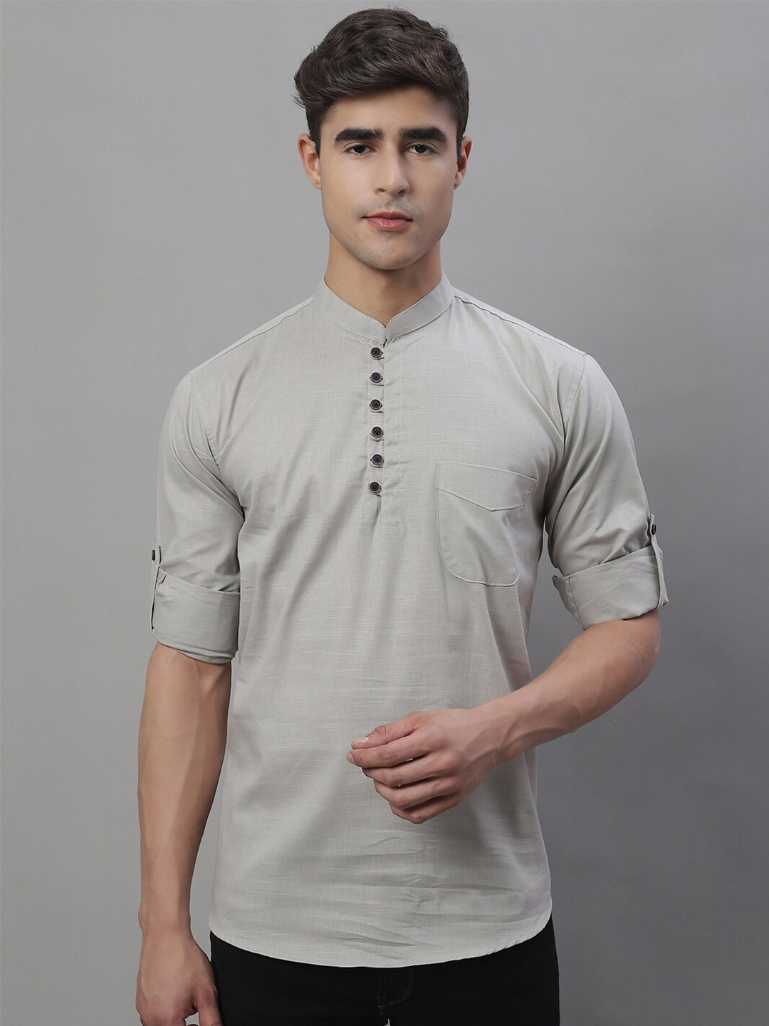 

Majestic Man Mandarin Collar Roll-Up Sleeves Pure Cotton Straight Kurta, Grey