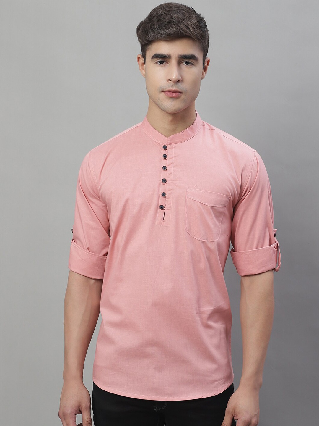 

Majestic Man Mandarin Collar Roll-Up Sleeves Pure Cotton Straight Kurta, Pink