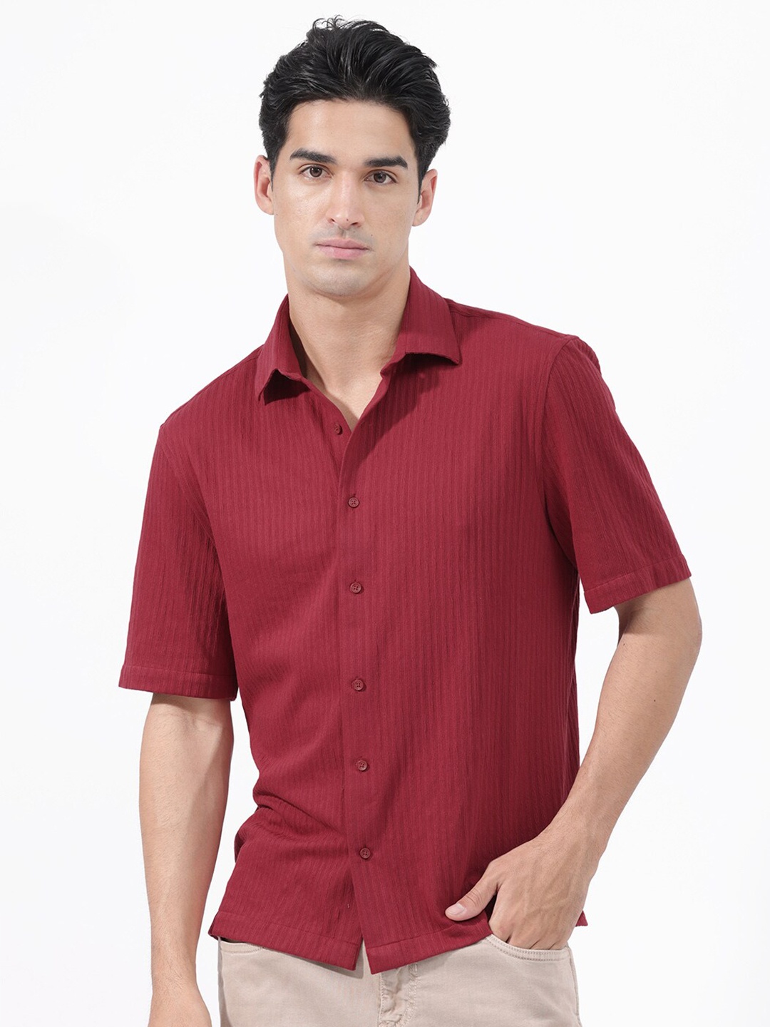 

RARE RABBIT Men Tano Slim Fit Textured Cotton Shirt, Red