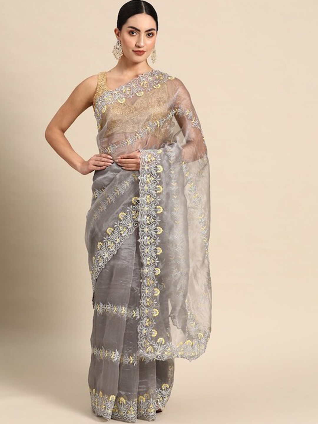 

Munir Ethnic Motifs Embroidered Saree, Grey