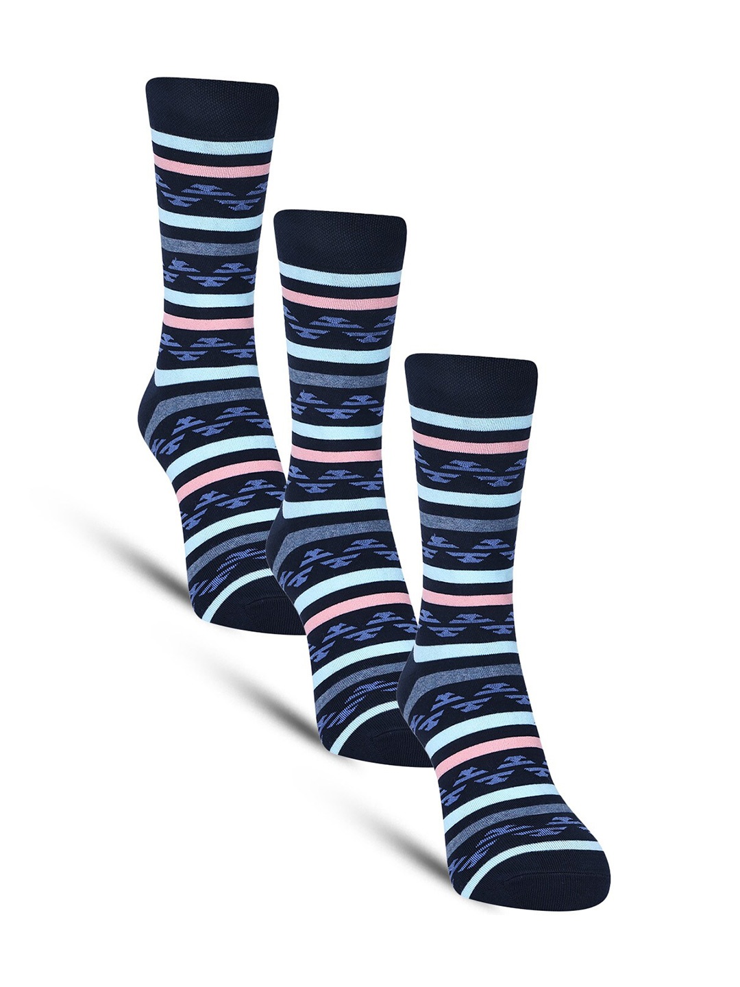 

Dollar Socks Men Pack Of 3 Striped Cotton Calf Length Socks, Navy blue
