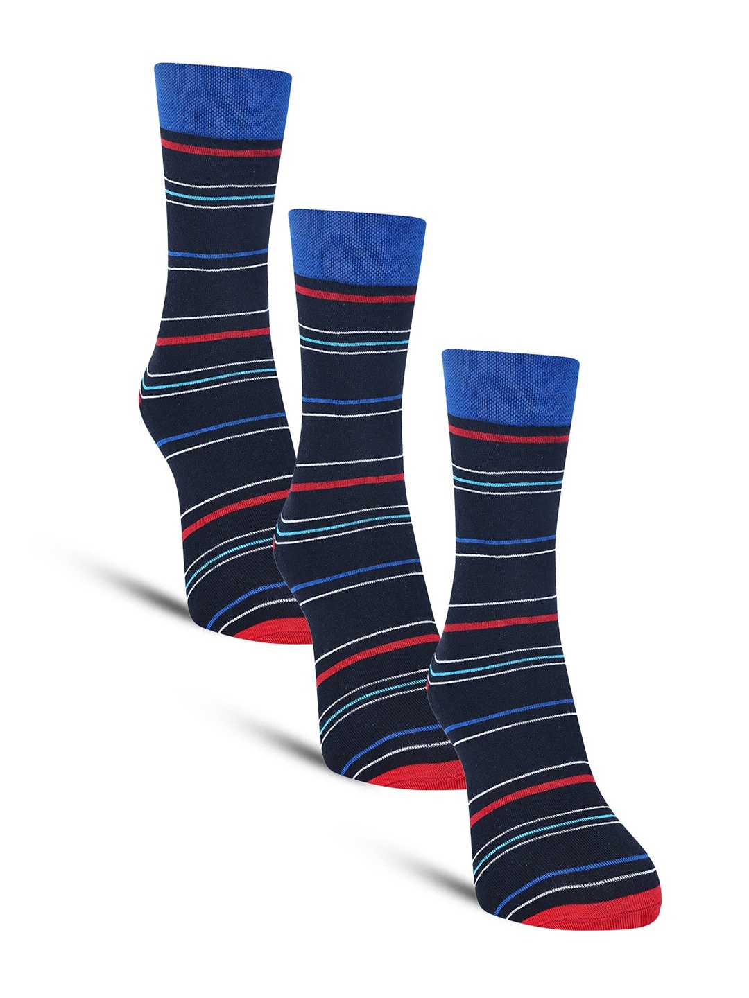 

Dollar Socks Men Pack Of 3 Striped Cotton Calf Length Socks, Blue