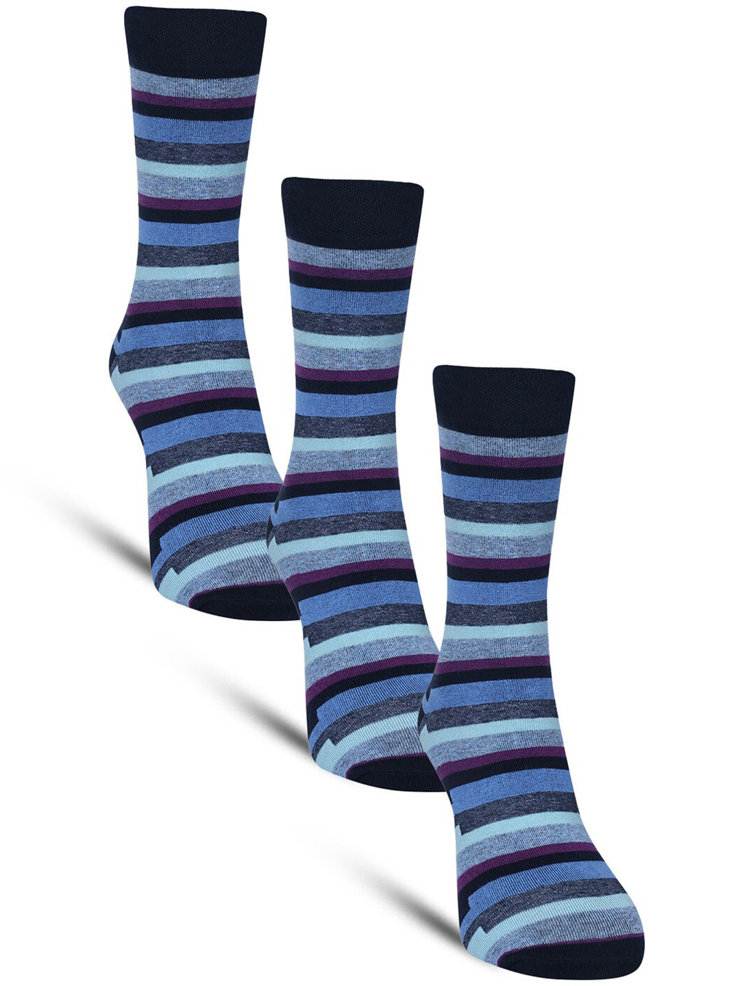 

Dollar Socks Men Pack Of 3 Striped Cotton Calf Length Socks, Navy blue