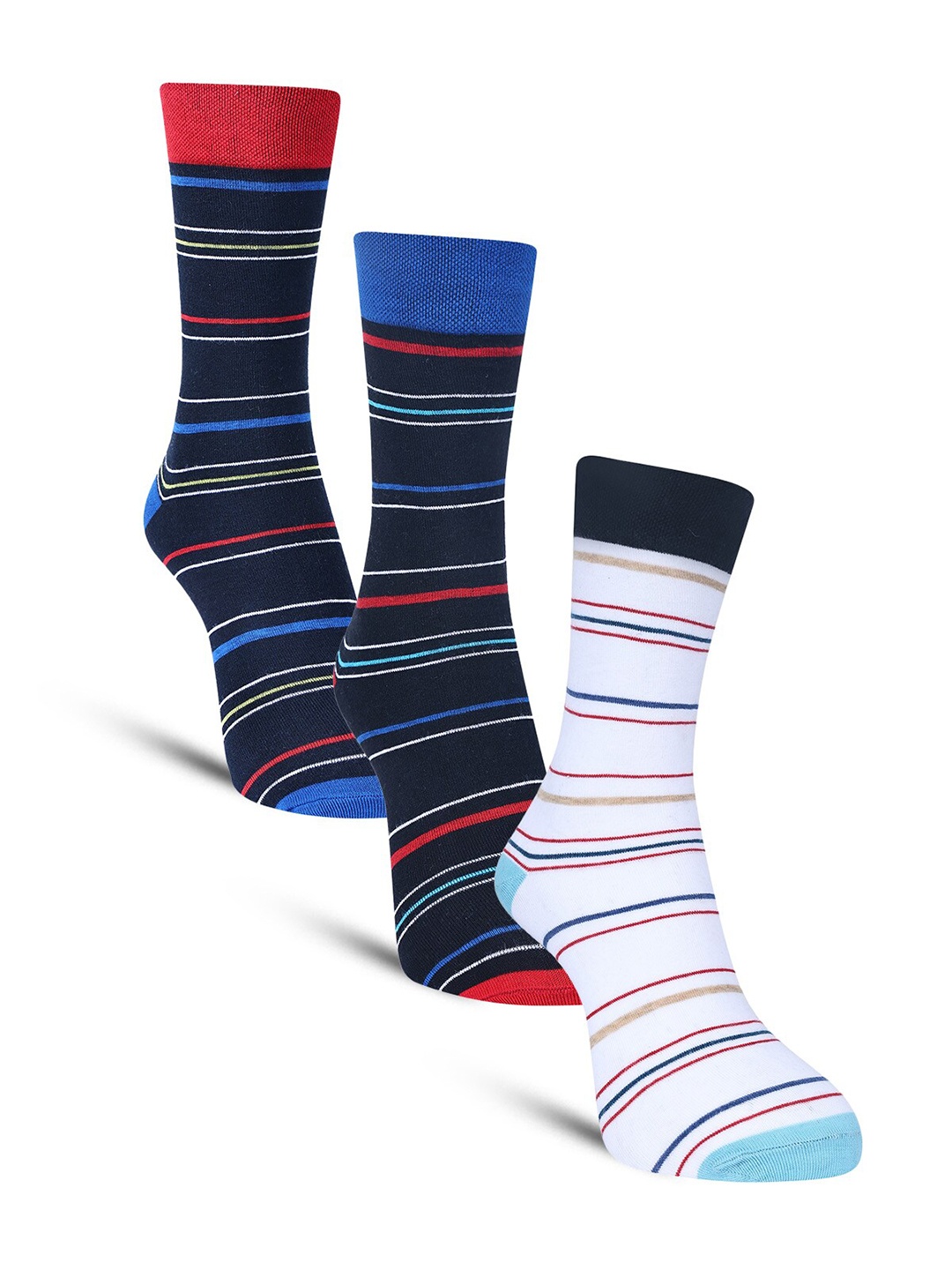 

Dollar Socks Men Pack Of 3 Striped Cotton Calf Length Socks, White