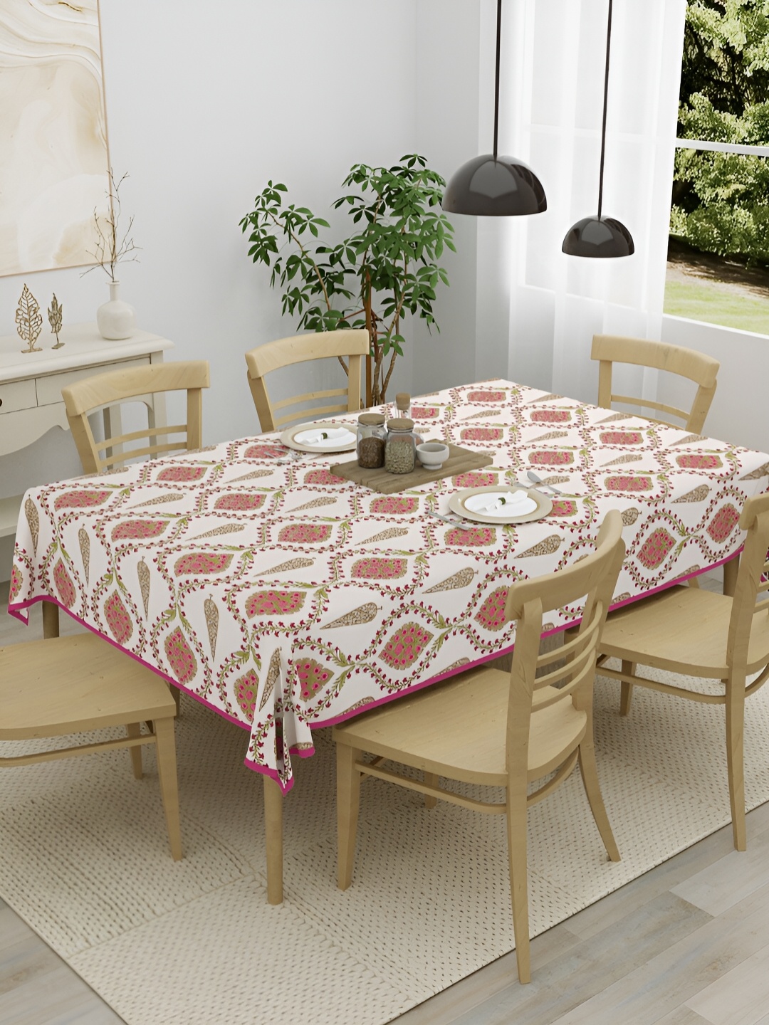 

Clasiko Pink & Green Ethnic Motifs Cotton 6-Seater Table Cover