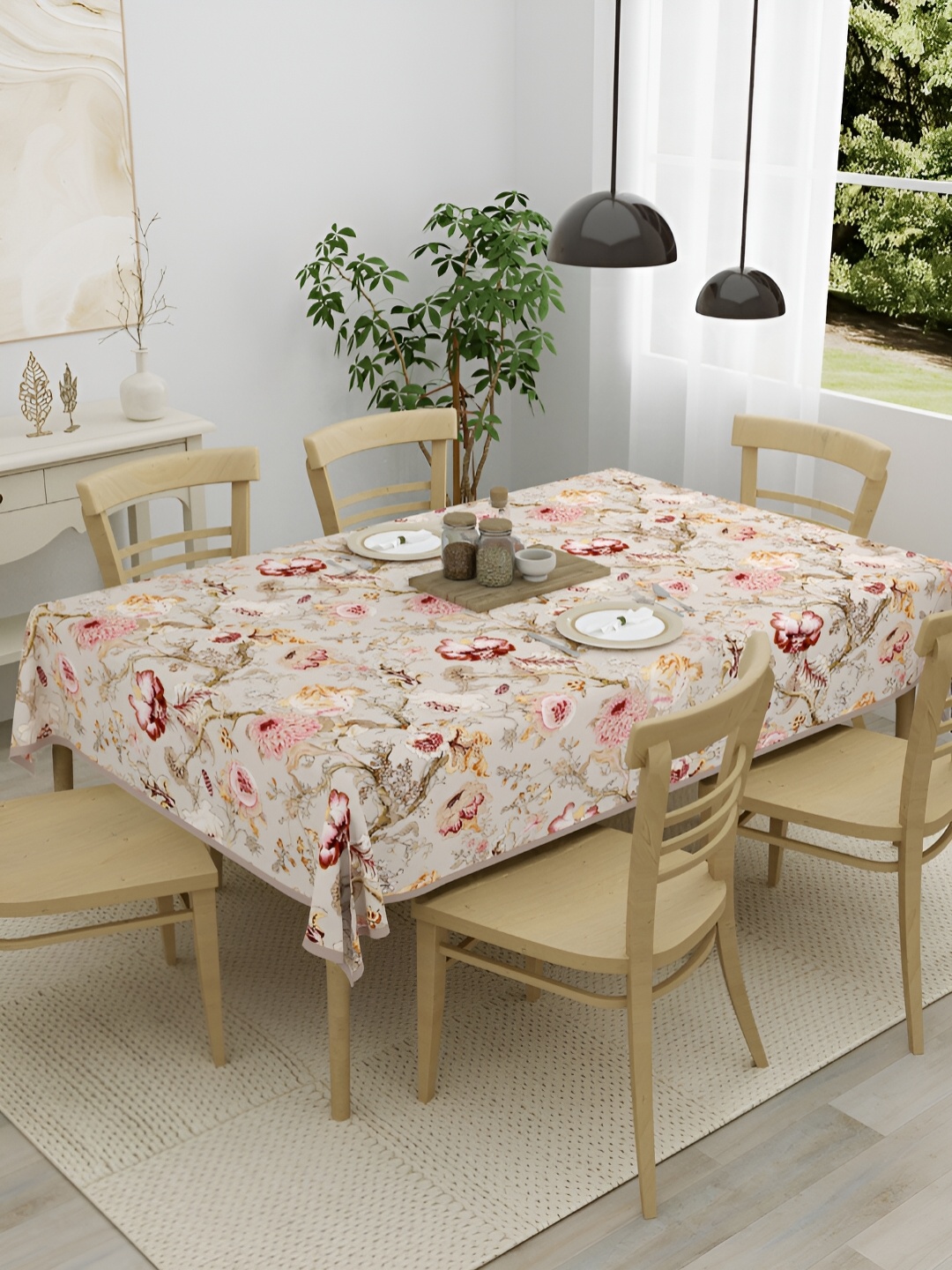 Clasiko White & Red Floral Cotton 6-Seater Table Cover