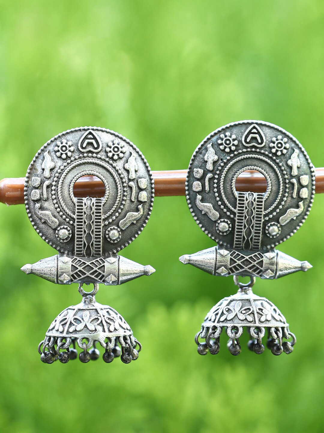 

Sangria Silver-Toned Silver-Plated Contemporary Oxidised Jhumkas