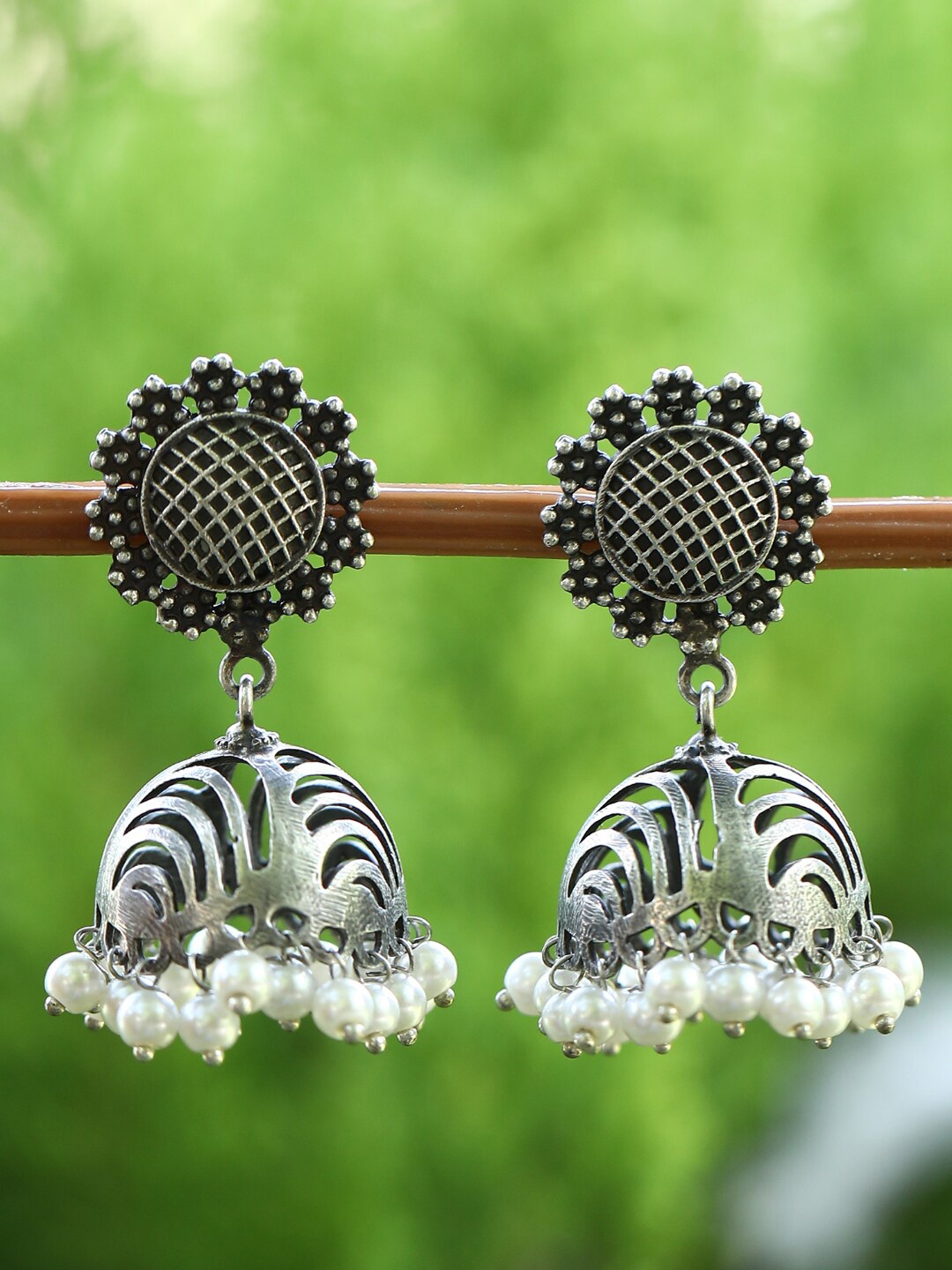 

Sangria Oxidised Silver-Plated Jhumkas