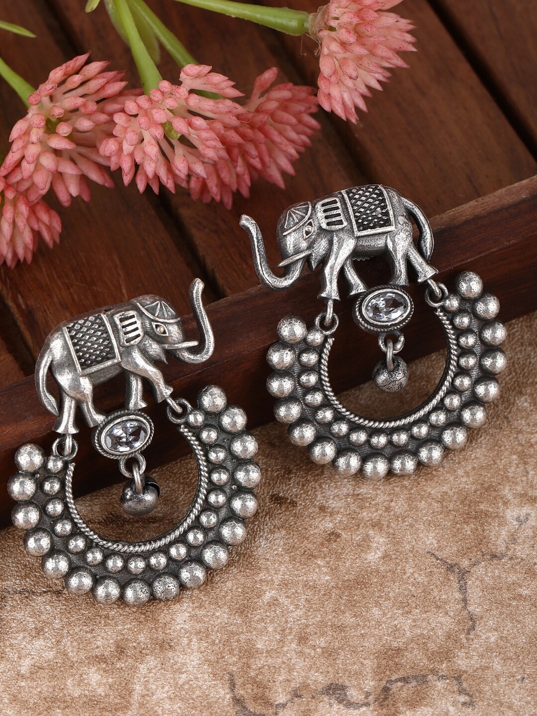 

Sangria Silver-Toned Silver-Plated Stones Studded Contemporary Oxidised Drop Earrings