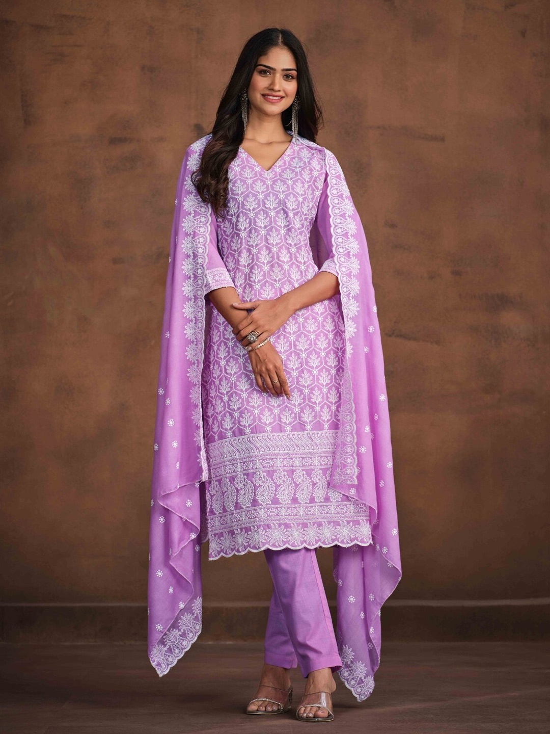 

Ishin Embroidered Regular Chikankari Pure Cotton Kurta with Trousers & Dupatta, Lavender